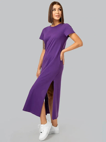 Purple side slit midi dress in soft cotton, perfect for casual-chic occasions and summer outings.