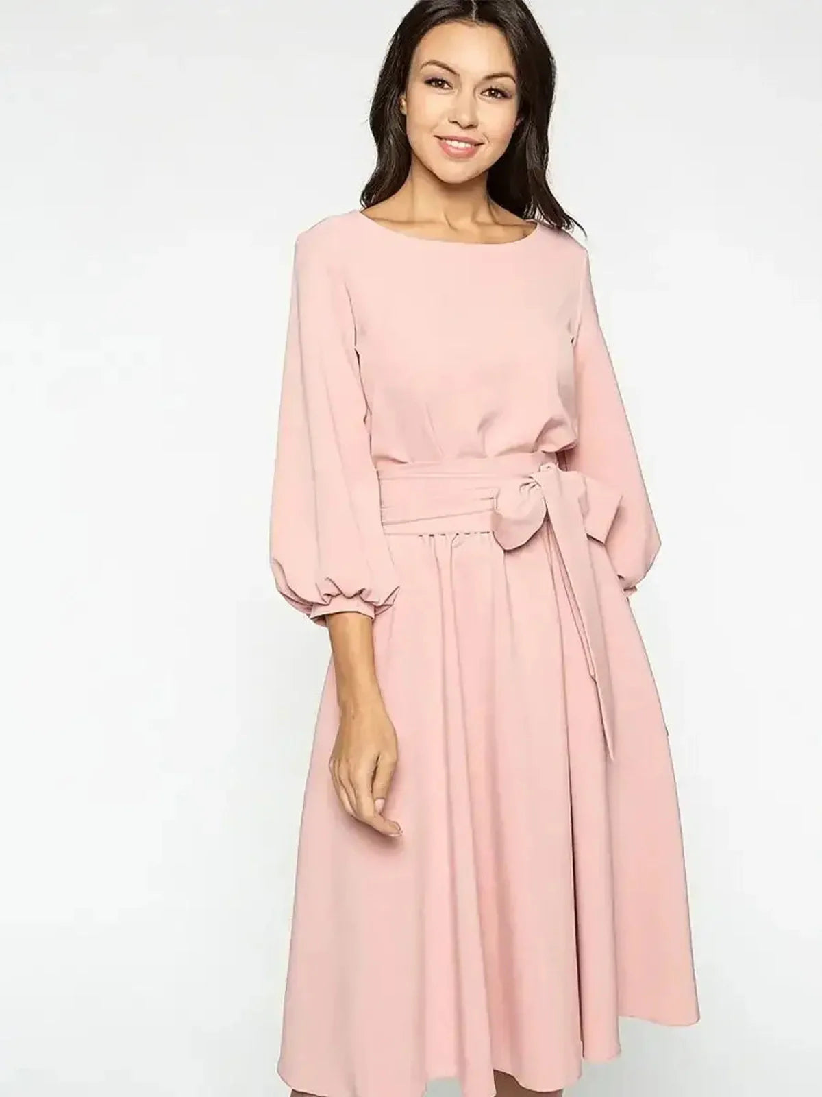 Blush Whisper Midi Dress featuring puff sleeves and a waist belt, perfect for summer weddings and casual outings.