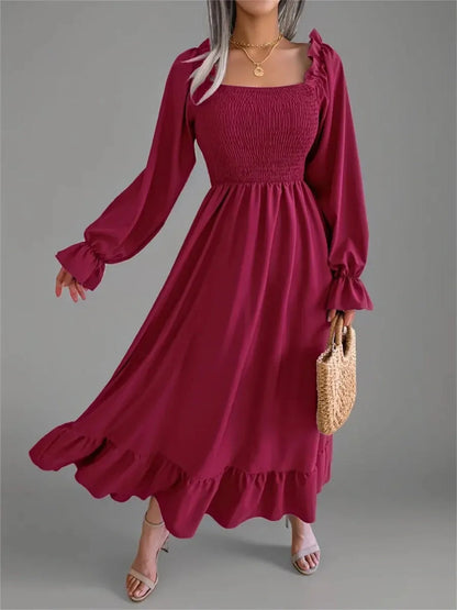 Velina Midi Dress in burgundy with square neckline and ruffled hemline, perfect for weddings and formal occasions.