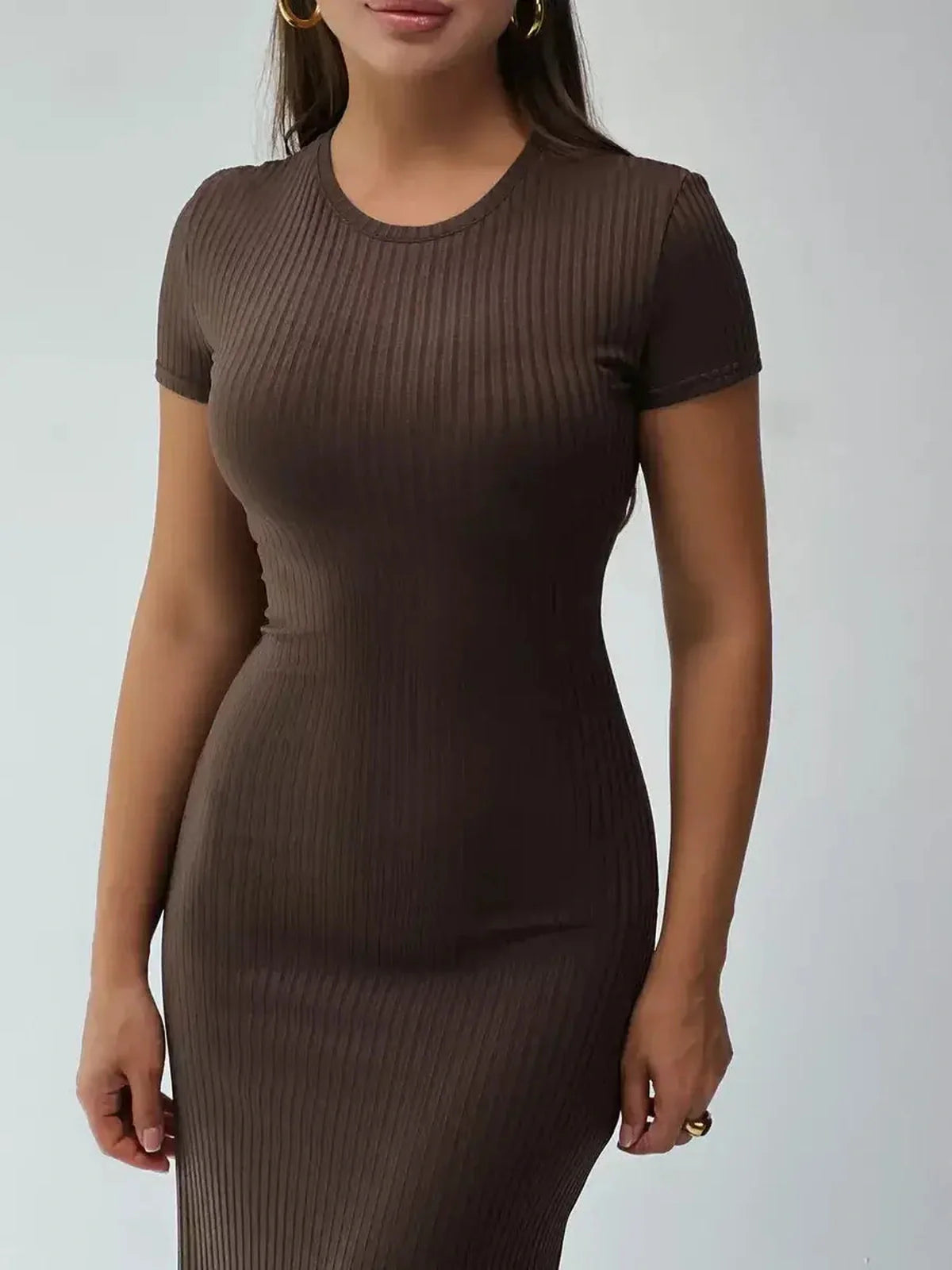 Brown ribbed knit maxi dress featuring a sleek body-hugging fit, perfect for casual or formal occasions.