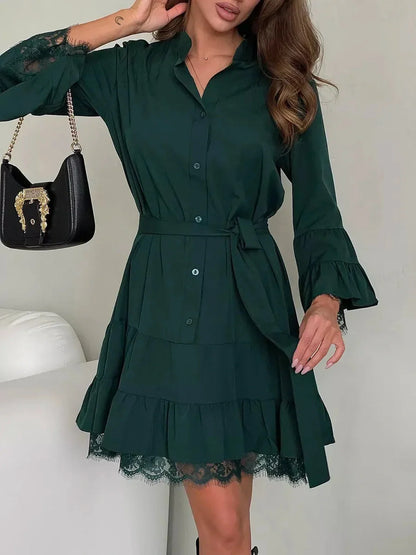 Lace Aura Mini Dress in deep emerald with lace trim, perfect for weddings, proms, and casual summer outings.