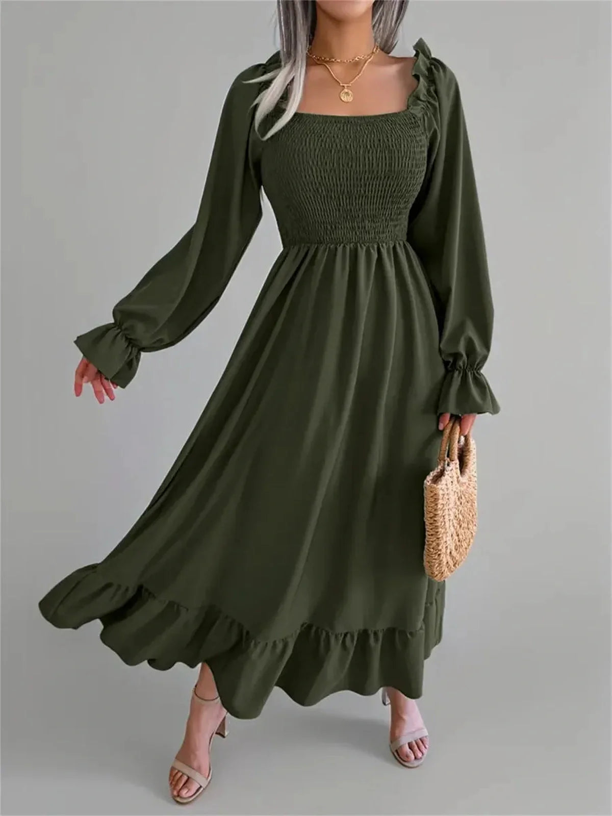 Ruffle Charm Midi Dress in olive green with long sleeves and smocked bodice, perfect for weddings and transitional seasons.