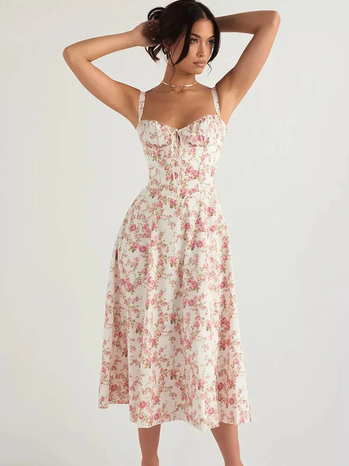Rose Garden Midi Dress featuring soft floral print, sweetheart bust, and an elegant A-line skirt, perfect for summer and weddings.
