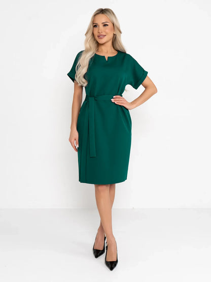 Emerald green mini dress with cuffed sleeves and fabric belt, ideal for weddings or formal occasions.