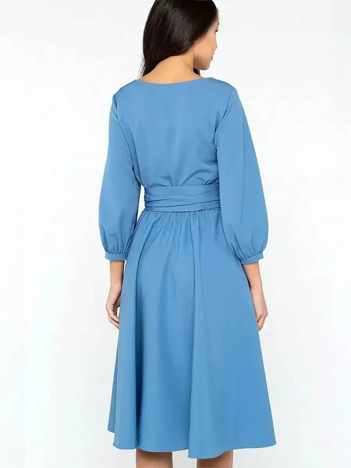 Sky Belle Midi Dress in soft blue with 3/4 puff sleeves and self-tie belt, perfect for summer weddings and formal events.