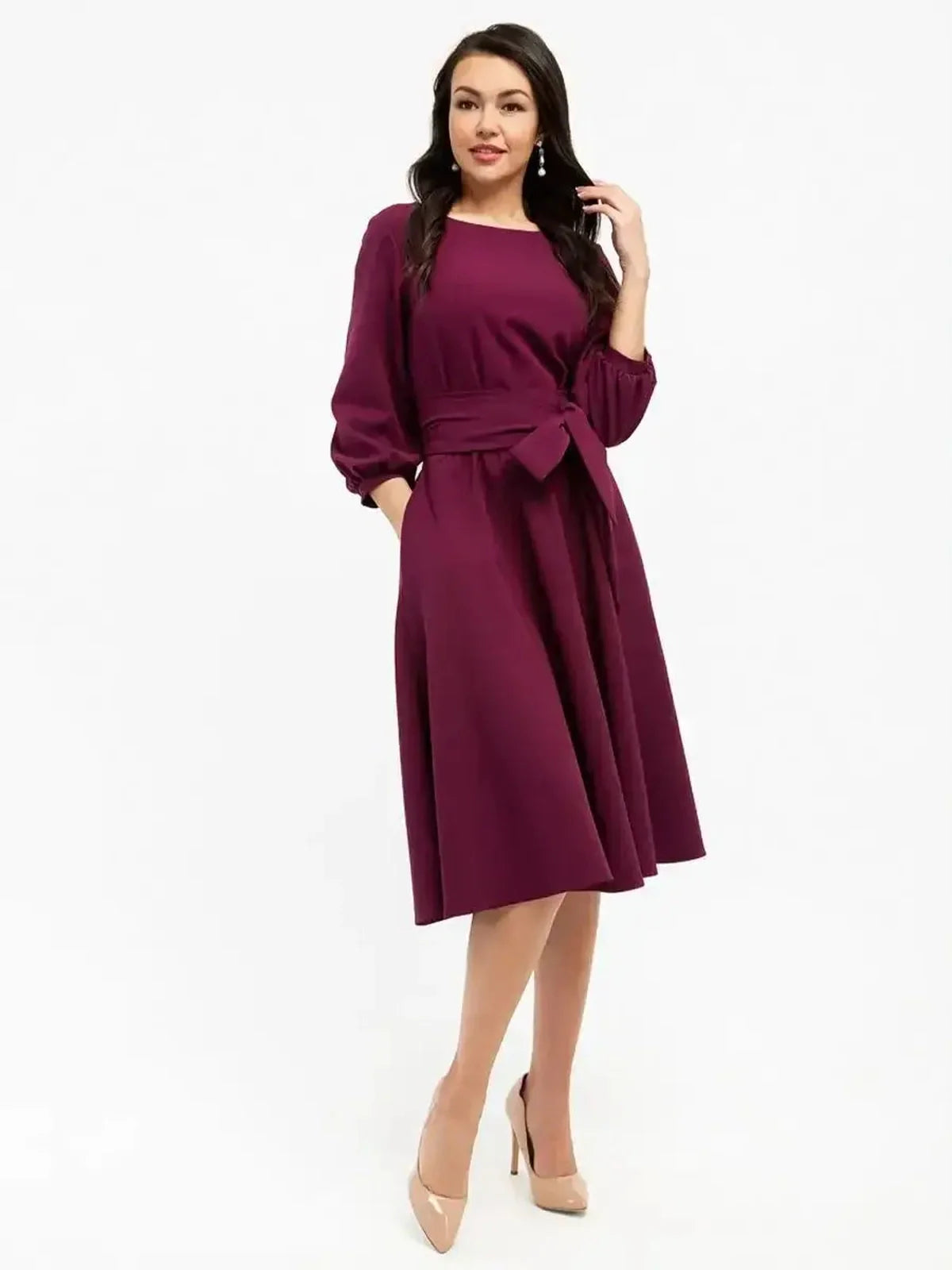 Burgundy Allure Midi Dress featuring a balloon sleeve, self-tie belt, and practical pockets, ideal for weddings and formal occasions.
