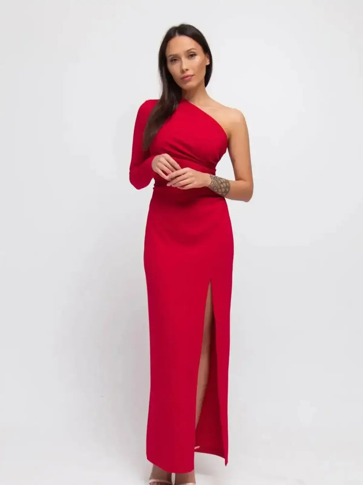 Elegant one-shoulder red maxi dress with a thigh-high slit, perfect for formal events and special occasions.