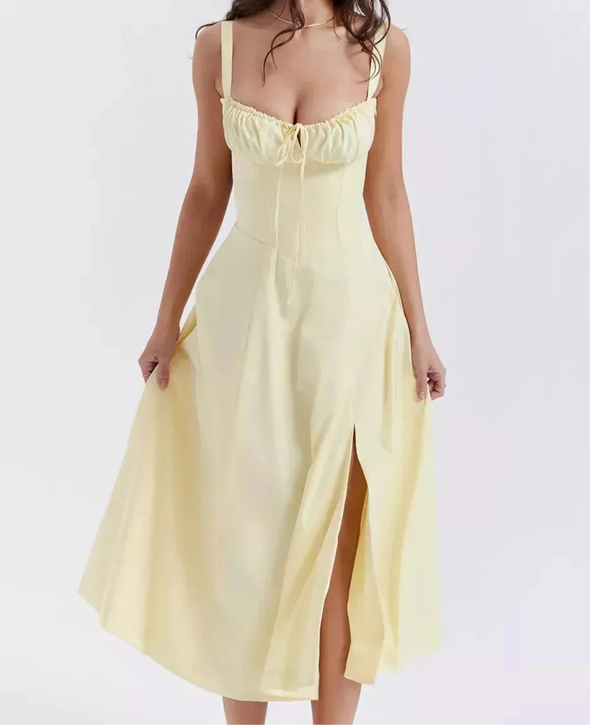 Sunlace Midi Dress in soft yellow featuring a corset detail, perfect for summer weddings, proms, or cocktail events.