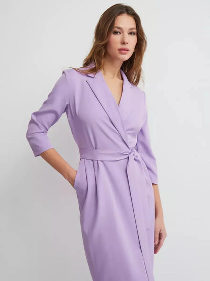 Lilac Grace Midi Dress showcasing tailored wrap design, perfect for formal occasions, weddings, and summer events.