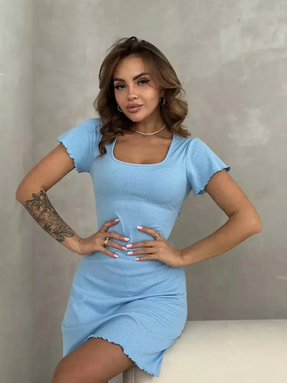 Skyline Charm Mini Dress in light blue with flutter sleeves and square neckline, perfect summer dress for women.