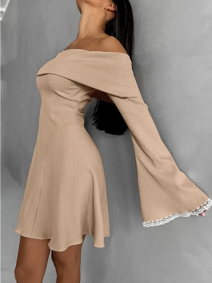 Off-shoulder Muse Mini Dress with flared bell sleeves, perfect for summer parties and special occasions.