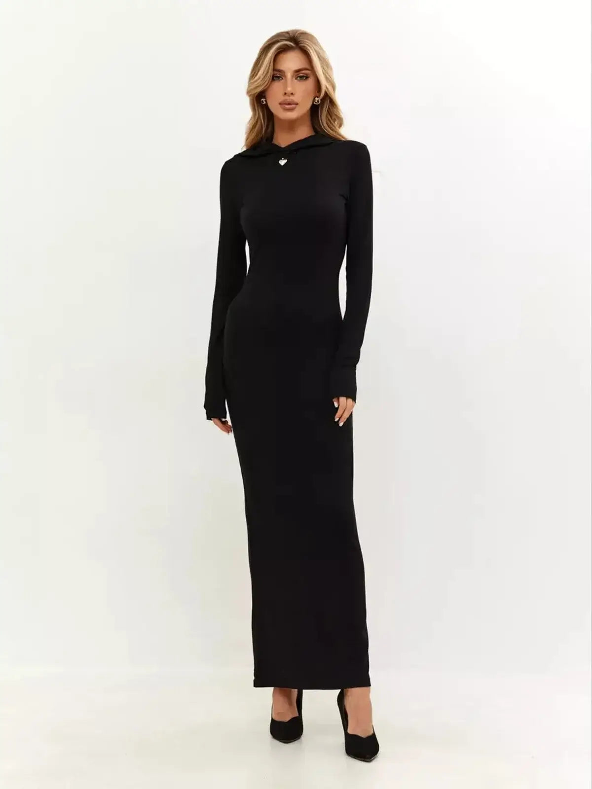 Noir Maxi Dress: Elegant black long-sleeve dress with fitted silhouette and signature hood detail.