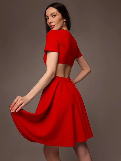 Flare Cutout Mini red dress showcasing a fit-and-flare silhouette, perfect for summer occasions and special events.