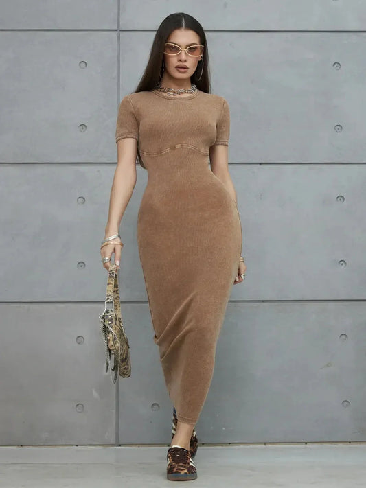 Sculpted Ease Maxi Dress in washed tobacco, flattering fit showcasing elegant silhouette for summer and special occasions.