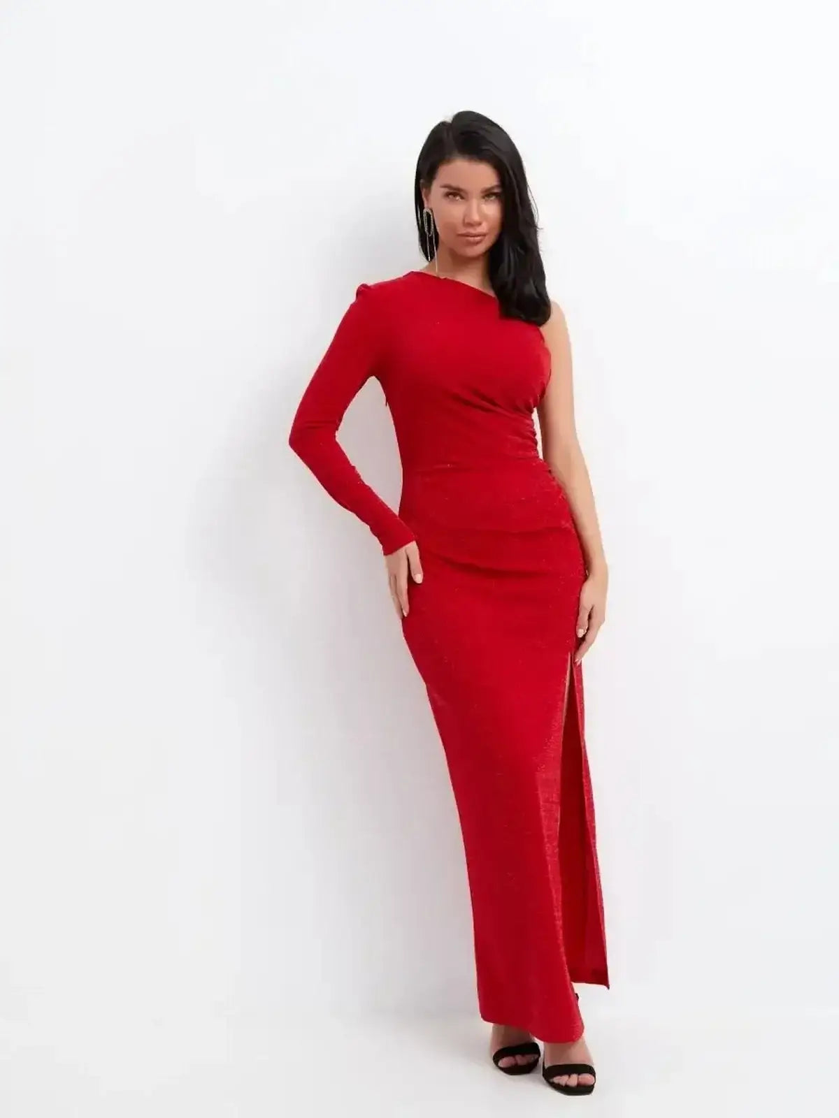 Red maxi dress with one shoulder and thigh-high slit, perfect for evening events and special occasions.