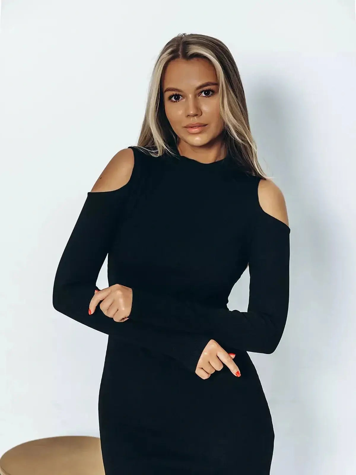 Elegant black Shadow Midi Dress with cutout shoulders, perfect for cocktail, wedding guest, or formal occasions.