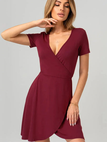 Deep red Wrap Hour Mini Dress featuring a V-neckline and adjustable tie waist, perfect for summer and evening events.