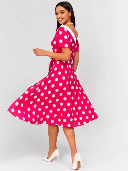 Monaco Charm Midi Dress in pink polka dots with white collar, perfect for weddings or special occasions.