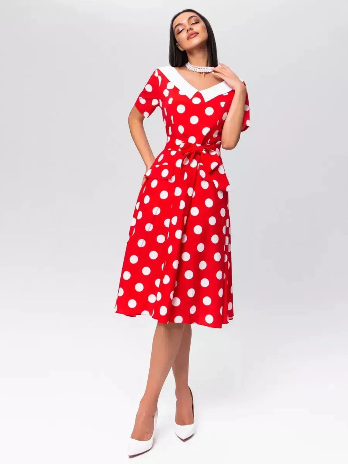 Retro Charm Midi Dress in red polka dots with white collar, perfect for summer weddings, parties, and casual outings.
