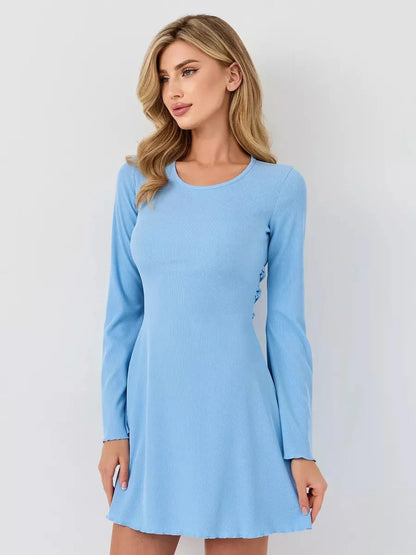 Skyline Flare blue long sleeve dress featuring flared sleeves and a flattering A-line silhouette.