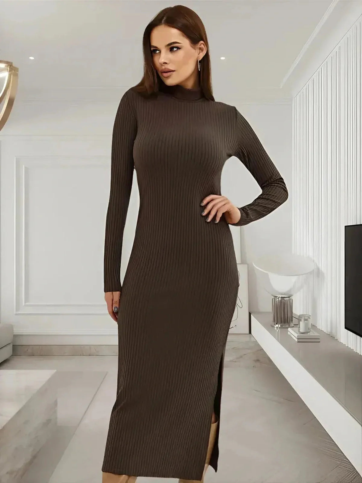 Contemporary Contour Midi Dress in deep brown, featuring a ribbed knit, mock neck, and long sleeves with a chic side slit.