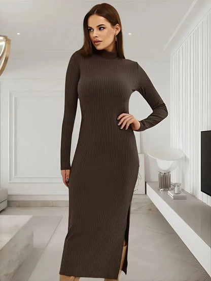 Contemporary Contour Midi Dress in deep brown, featuring a ribbed knit, mock neck, and long sleeves with a chic side slit.