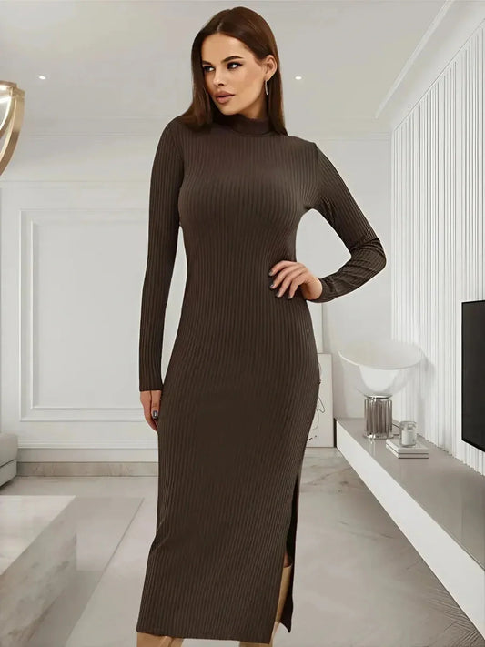 Contemporary Contour Midi Dress in deep brown, featuring a ribbed knit, mock neck, and long sleeves with a chic side slit.