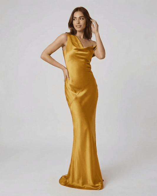 Aurelia Maxi Dress: Slimona gold satin maxi dress featuring a high waist and open back, showcasing an elegant silhouette.