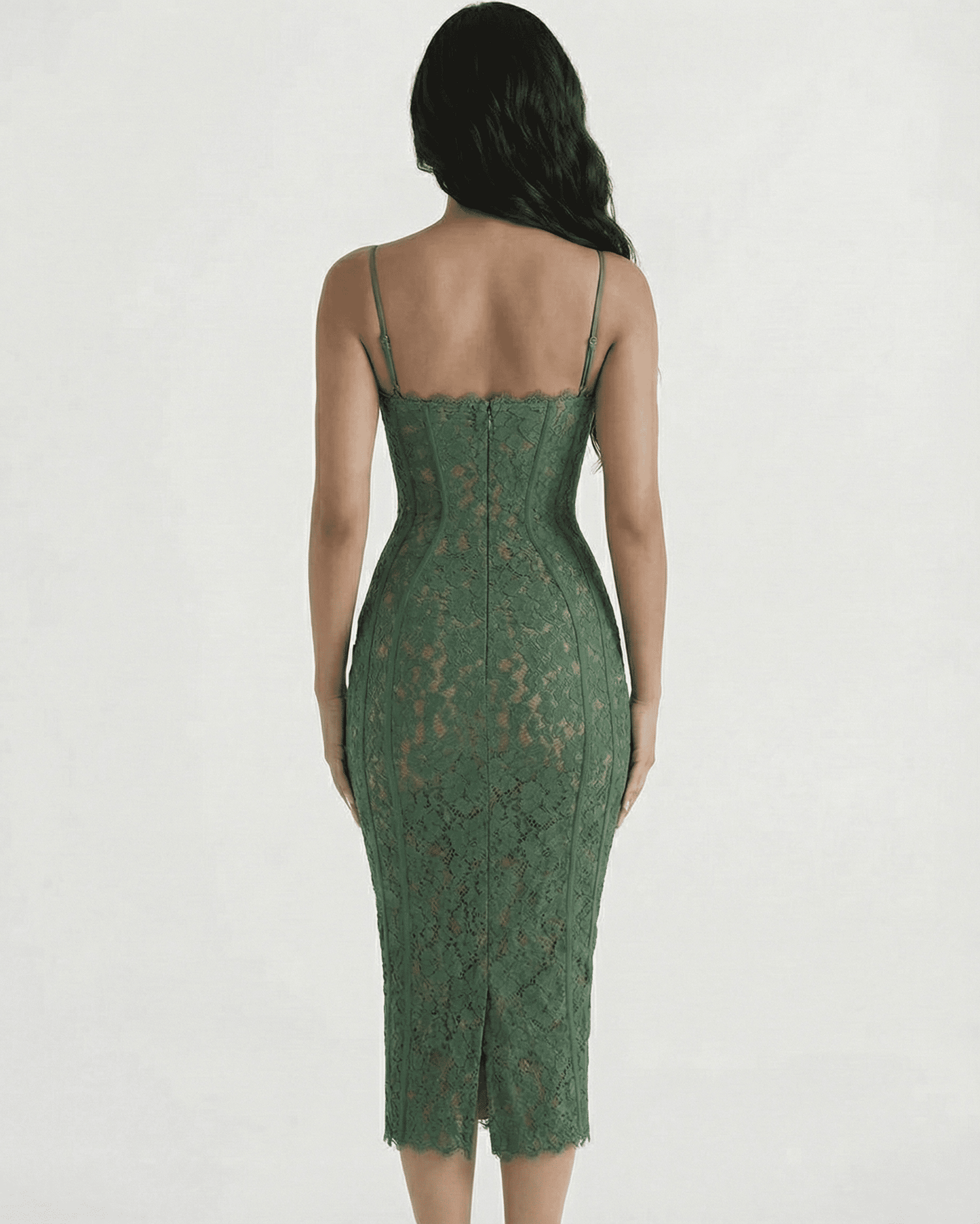 Back view of Siena Midi Dress by Slimona, showcasing elegant lace design and sculpting high waist silhouette.