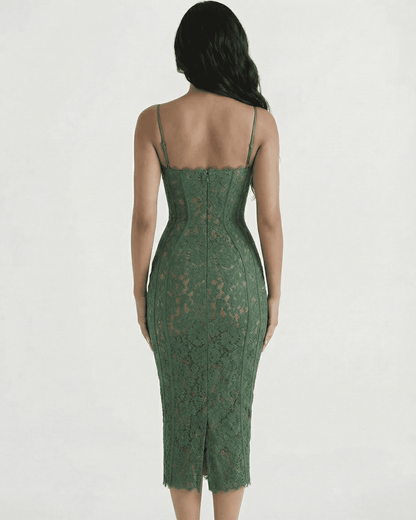 Back view of Siena Midi Dress by Slimona, showcasing elegant lace design and sculpting high waist silhouette.