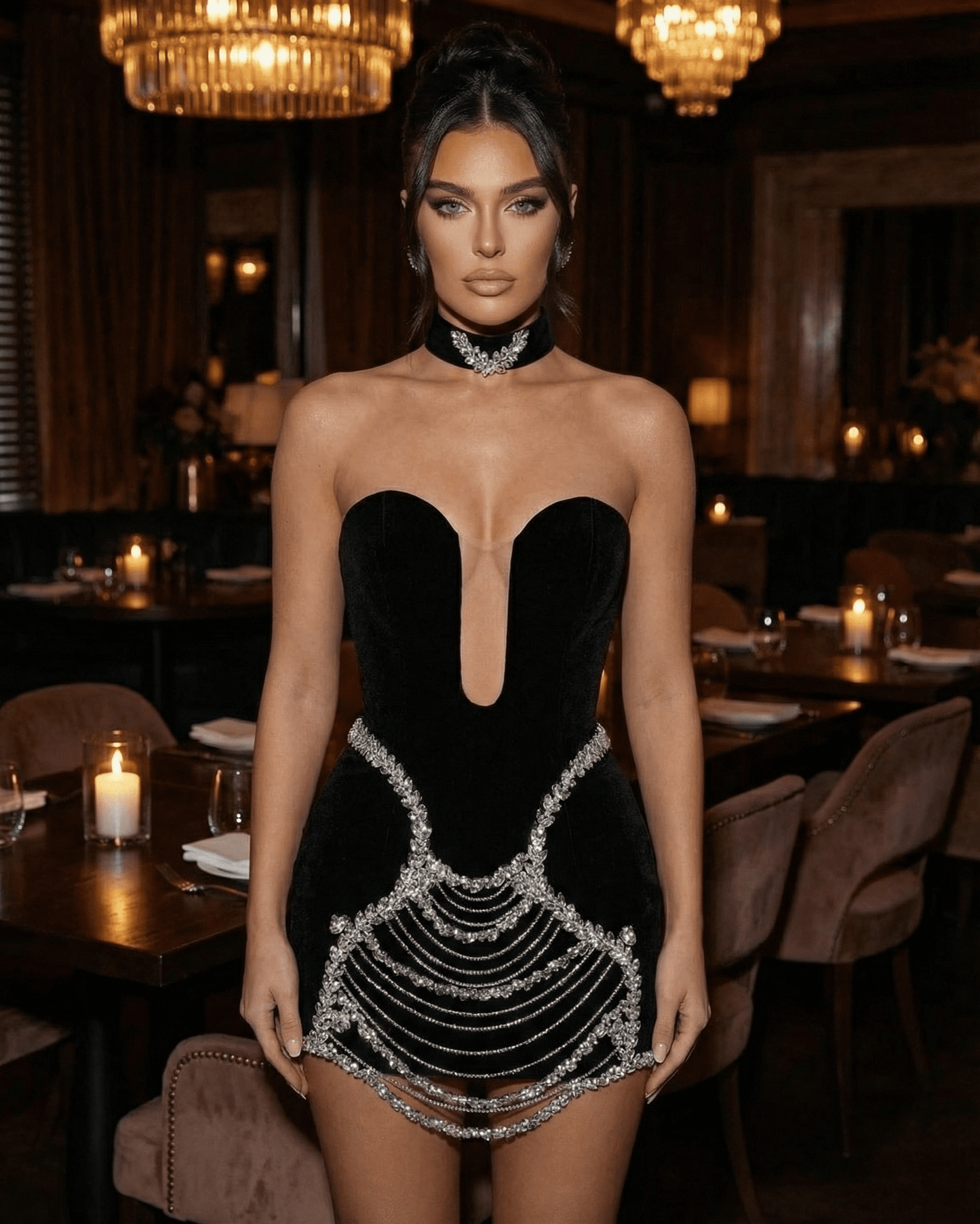 Celeste Mini Dress by Slimona, black velvet bodycon with rhinestone chain detail, styled in an elegant setting.