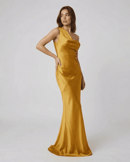 Aurelia Maxi Dress by Slimona, stunning gold satin gown with high waist and elegant open back.