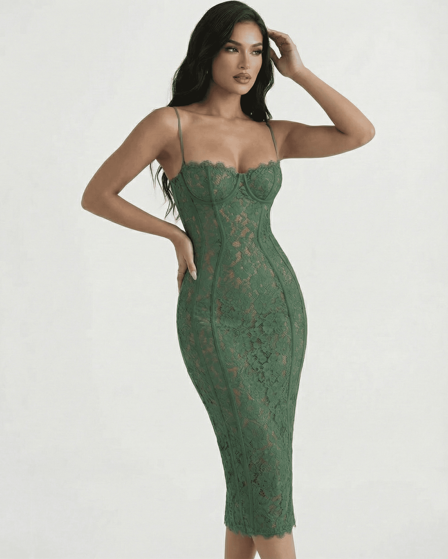 Siena Midi Dress by Slimona, elegant green lace sheath dress with high waist and bodycon silhouette.