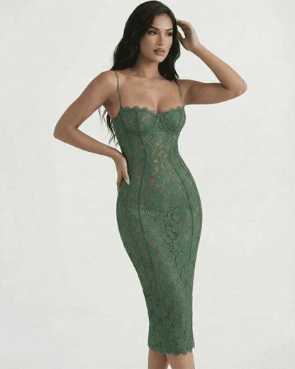 Siena Midi Dress by Slimona, elegant green lace sheath dress with high waist and bodycon silhouette.