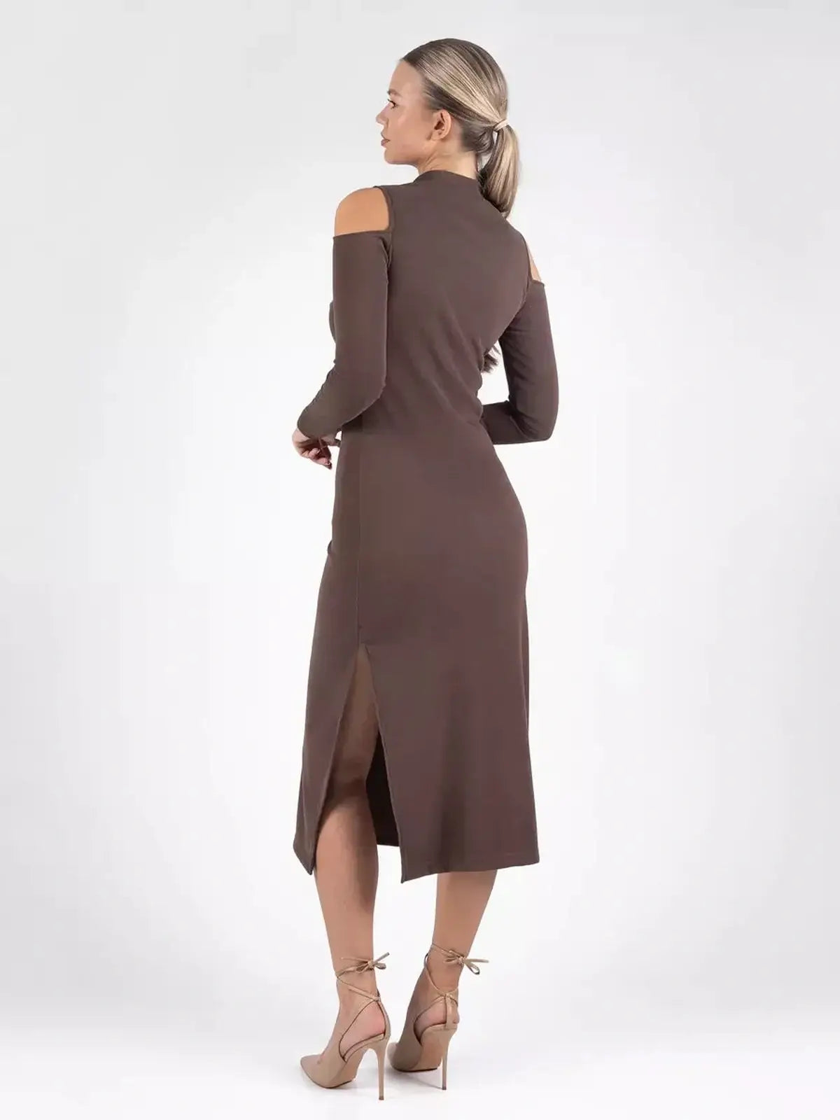 Elegant Midi Dress Élan in rich coffee hue, featuring cut-out shoulders and a stylish slit at the back.