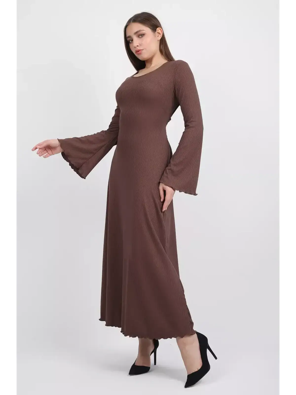Sculpted Grace Midi Dress in coffee-toned ribbed knit with flared sleeves and elegant U-neck for women.