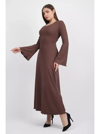 Sculpted Grace Midi Dress in coffee-toned ribbed knit with flared sleeves and elegant U-neck for women.