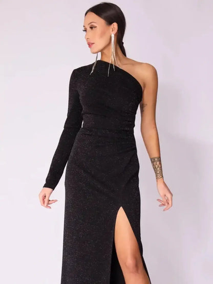 Luna Noir Maxi Dress featuring a one-shoulder design, draped silhouette, and leg slit, perfect for formal occasions.