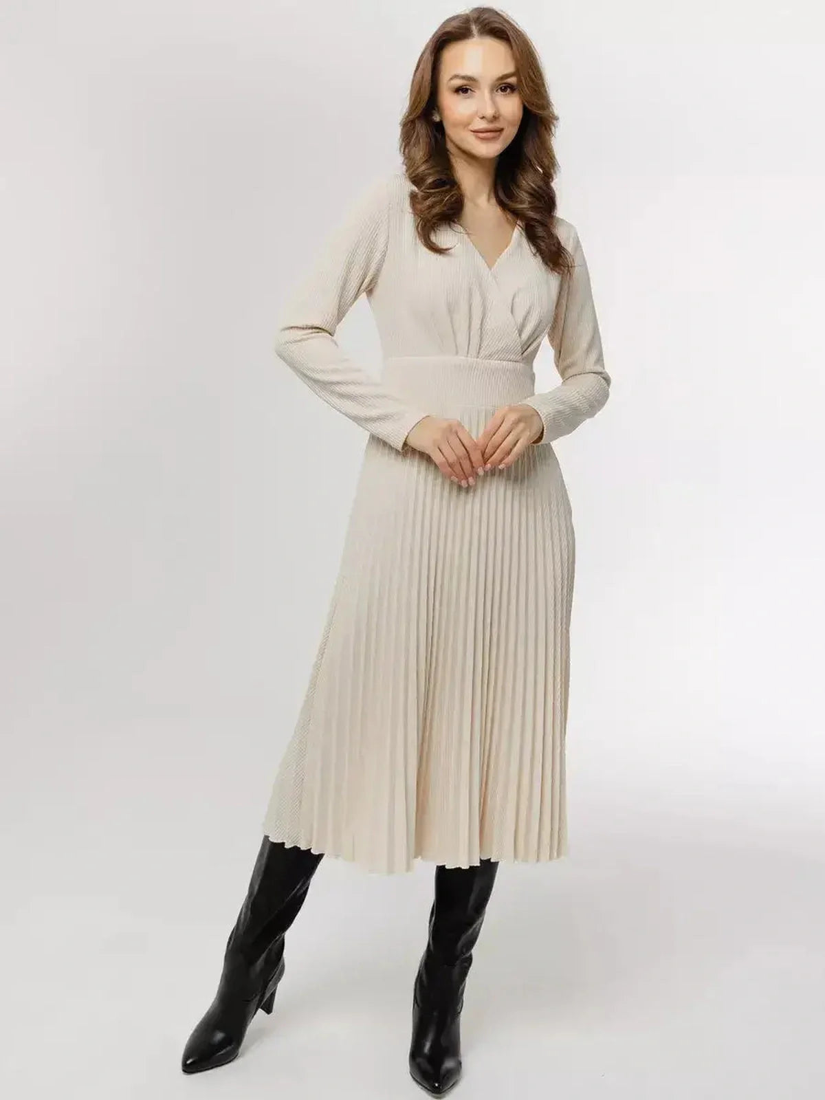 Ivory Grace Midi Dress featuring pleated skirt and V-neckline, perfect for weddings, graduations, and elegant occasions.