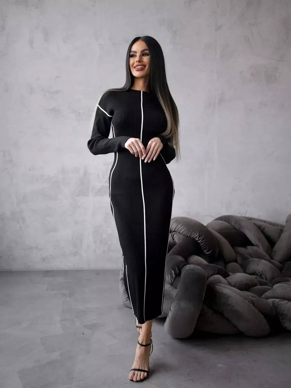 Sculpted Line Midi Dress in black with white stripes, perfect for weddings, parties, and formal events.