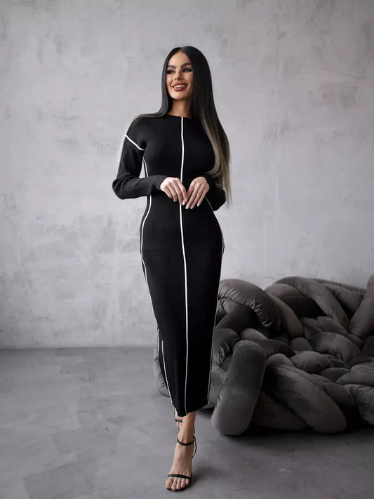 Sculpted Line Midi Dress in black with white stripes, perfect for weddings, parties, and formal events.