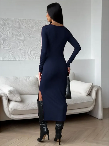 Elegant navy Sculpted Allure Midi Dress with side slit, showcasing a fitted silhouette and sleek design.