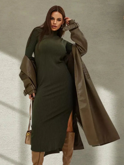 Olive Curve Midi Dress showcasing a ribbed knit texture, mock neck, and stylish silhouette for chic women's fashion.