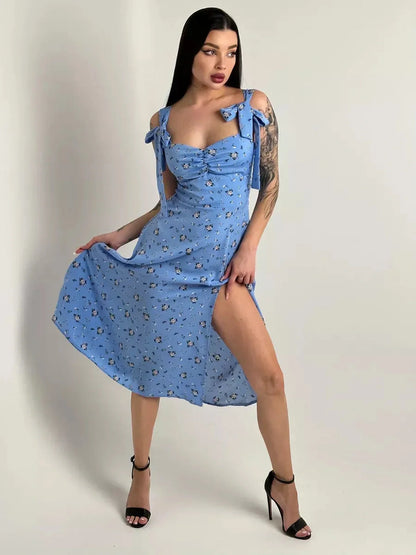 Stylish Floral Charm Midi Dress in blue with shoulder ties and side slit, perfect for summer weddings and formal occasions.