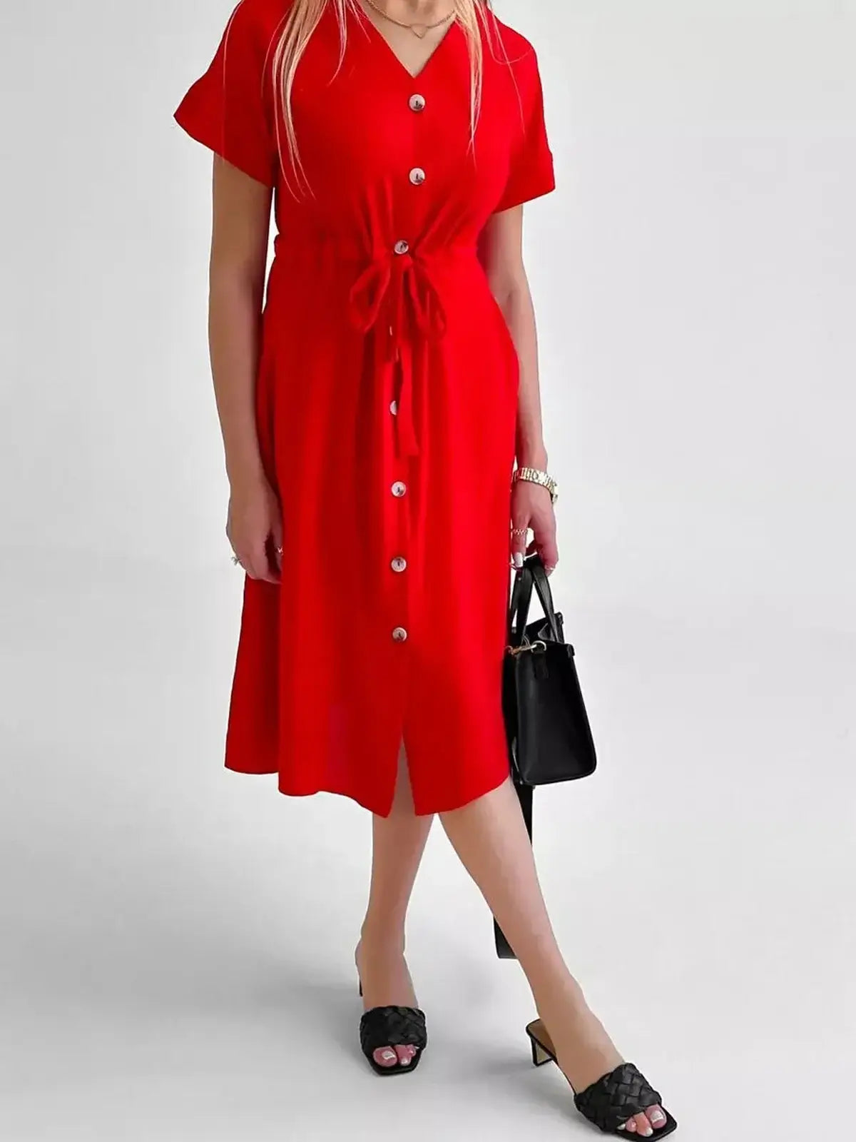 Crimson Charm Midi Dress in radiant red with button-front and self-tie waist, perfect for summer and special occasions.