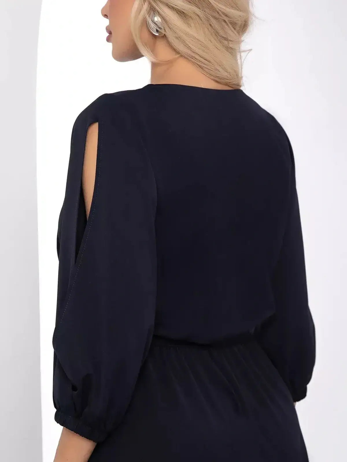 Twilight Grace Midi Dress featuring elegant cutout sleeves and a flowing silhouette in deep navy.