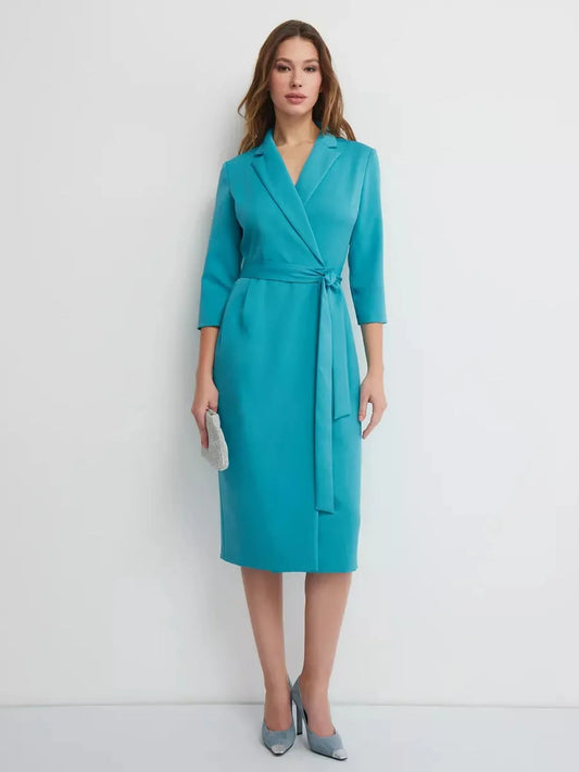 Elegance Wrap Midi Dress in turquoise with belted waist, tailored silhouette, and polished look, perfect for formal occasions.