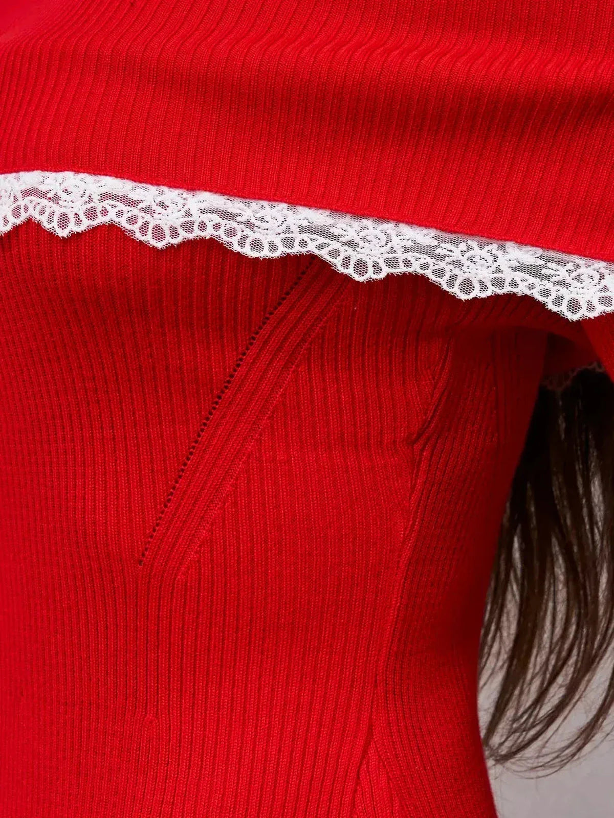 Close-up of red off-shoulder Lace Charm Mini Dress showcasing delicate white lace trim detail.