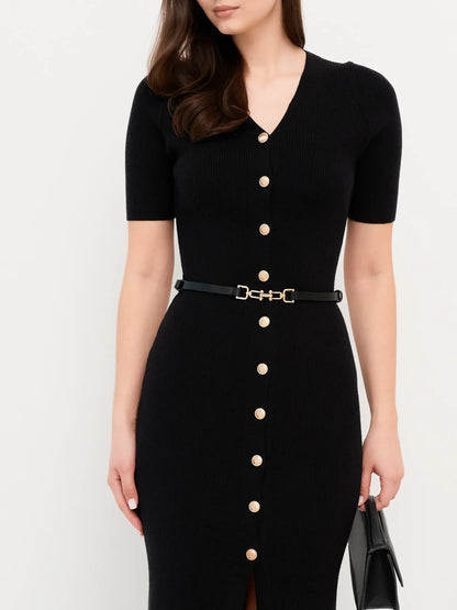 Elegant black midi dress featuring fitted rib knit, gold button details, and a belted waist for women's fashion.