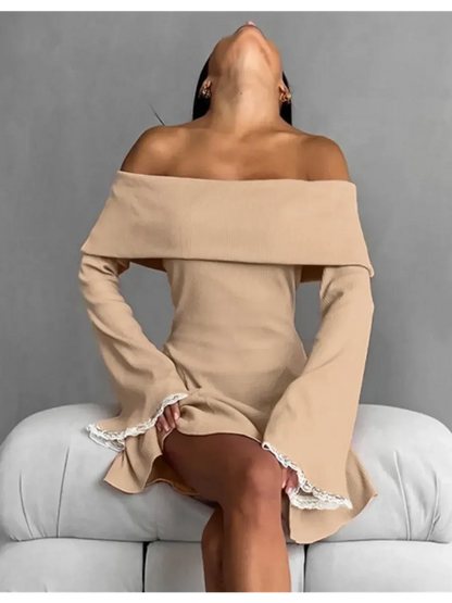 Muse Mini Dress in beige, featuring an off-shoulder silhouette with bell sleeves and lace trim, ideal for summer or casual occasions.